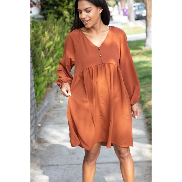 Rust Crepe V Neck Raglan Babydoll Dress - Picture 9 of 12